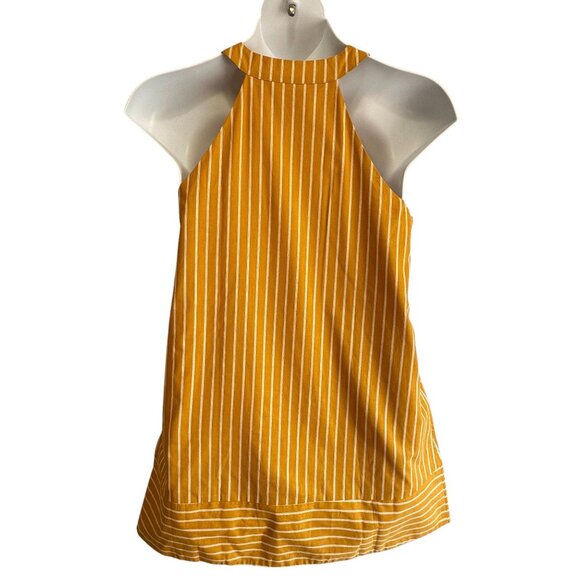 J.O.A Yellow Striped Halter Neck Criss Cross Tie Front Mini Dress Size L Cotton - Picture 2 of 8